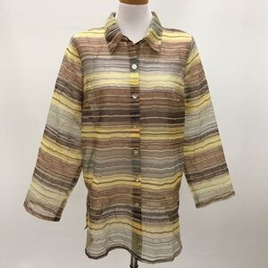 Chic Earth-Tone Striped Semi-Sheer Button-Down Blouse - Perfect for Layering!